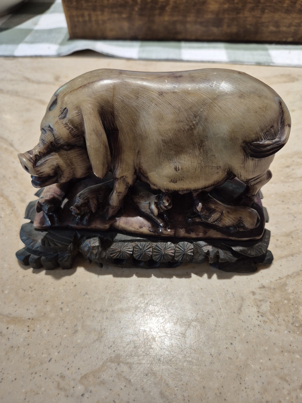 Vintage Chinese Hand-Carved Soapstone Pig & Piglets Figurine On A Wooden Base
